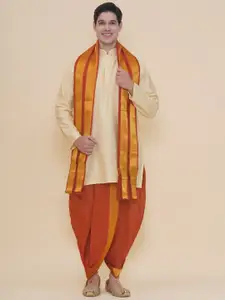 Sethukrishna Mandarin Collar Art Silk Straight Kurta With Dhoti Pants And Angavastram