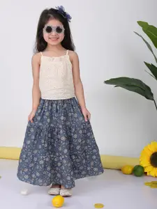 Sangria Girls Floral Printed Pure Cotton Top With Skirt