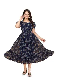 Anouk Women Floral Printed Puff Sleeve Fit and Flare Dress
