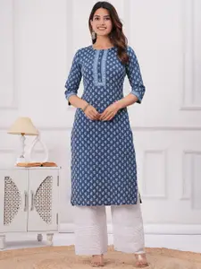 Nayo Floral Printed Round Neck Pure Cotton Straight Kurta