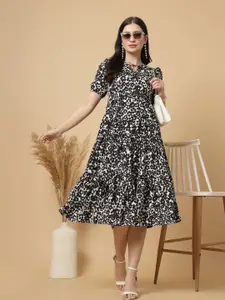 RAASSIO Animal Printed Tie-Up Neck Puff Sleeve Crepe Tiered Fit & Flare Midi Dress