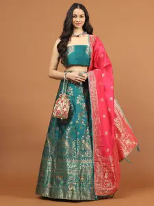 Meena Bazaar Floral Woven Design Semi-Stitched Lehenga & Unstitched Blouse With Dupatta