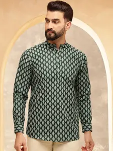 Anouk Green Ethnic Motifs Printed Band Collar Short Kurta
