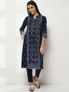 Rangriti Geometric Printed Mandarin Collar Cotton Straight Kurta