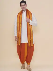 Sethukrishna Mandarin Collar Art Silk Straight Kurta With Dhoti Pants And Angavastram