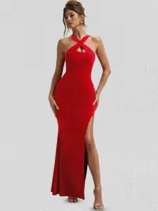 CLAFOUTIS Women Asymmetric Neck Side Slits Bodycon Maxi Dress