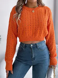 StyleCast x Revolte Women Self Design Open Knit Crop Pullover Sweaters