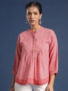 Taavi Checked Mandarin Collar Woven A-Line Top