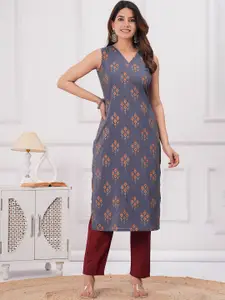 Nayo Floral Printed Sleeveless V-Neck Pure Cotton Straight Kurta