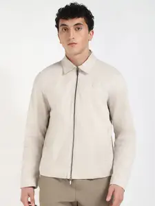 Calvin Klein Men Spread Collar Solid Cotton Casual Bomber Jacket