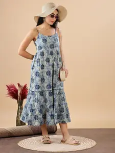 Anouk Abstract Printed Shoulder Straps Tiered Cotton Fit & Flare Midi Dress