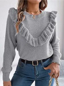 StyleCast x Revolte Women Self Design Open Knit Pullover