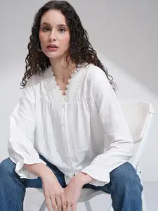 Tokyo Talkies Women Solid Gathered Lace Trimmed Top