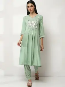 Rangriti Floral Yoke Design Pleated Notch-Neck A-Line Kurta