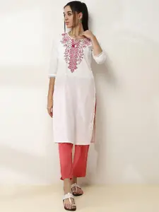Rangriti Notch-Neck Floral Embroidered Cotton Straight Kurta