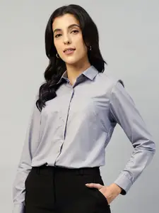 English Navy Women Smart Fit Spread Collar Solid Cotton Formal Shirt
