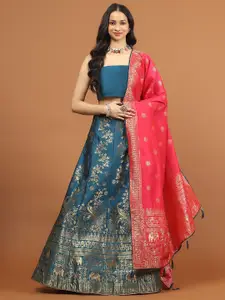 Meena Bazaar Floral Woven Design Semi-Stitched Lehenga & Unstitched Blouse With Dupatta