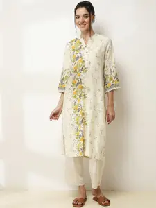 Rangriti Floral Printed Mandarin Collar Cotton Straight Kurta