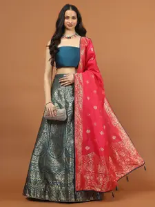Meena Bazaar Floral Woven Design Semi-Stitched Lehenga & Unstitched Blouse With Dupatta