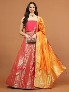 Meena Bazaar Floral Woven Design Semi-Stitched Lehenga & Unstitched Blouse With Dupatta