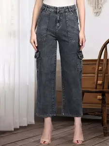 DressBerry Women Comfort Wide Leg High-Rise Light Fade Acid Wash Stretchable Cargo Jeans