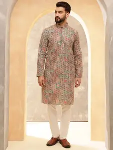 SOJANYA Floral Embroidered Zari Mandarin Collar Cotton Silk Straight Kurta