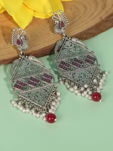 Anouk Pink Silver-Plated Artificial Beaded Peacock Shaped Drop Oxidized Earrings
