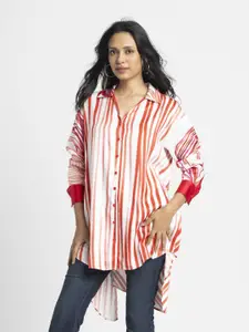 SHAYE Women Relaxed Oversized Fit Spread Collar Vertical Striped Satin Casual Shirt