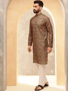 SOJANYA Ethnic Motifs Printed Band Collar Kalamkari Cotton Linen Straight Kurta