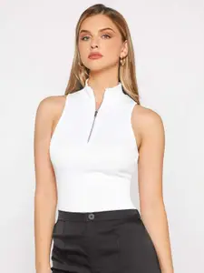 The Roadster Lifestyle Co Women Round Neck Zip-Up Ribbed Crop Fitted Top