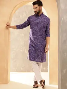 SOJANYA Ethnic Motifs Printed Band Collar Cotton Linen Straight Kurta