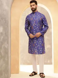 SOJANYA Ethnic Motifs Printed Band Collar Cotton Linen Straight Kurta