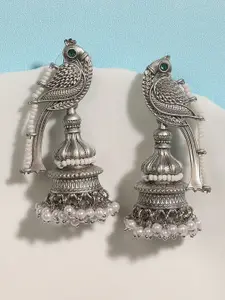 Anouk Oxidised Silver-Toned Pearls Artificial Beaded Peacock Shaped Drop Earrings