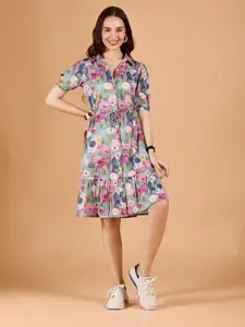 DressBerry Floral Printed Crepe Shirt Dress With Tie-Ups