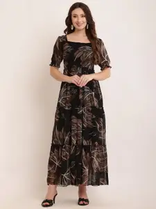 BAESD Women Floral Printed Smocked Puff Sleeve Georgette Fit & Flare Dress