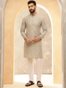 Anouk Brown & White Band Collar Geometric Embroidered Pure Cotton Straight Kurta