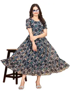 Anouk Women Floral Printed Puff Sleeve Fit and Flare Dress