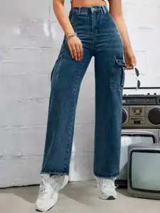 DressBerry Women Comfort Wide Leg High-Rise Light Fade Acid Wash Stretchable Cargo Jeans