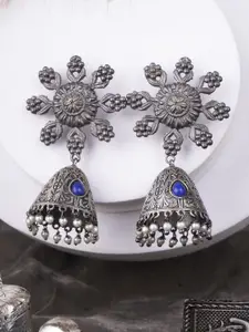 Sangria Blue Silver-Plated Artificial Stones Studded And Beaded Dome Oxidised Jhumkas