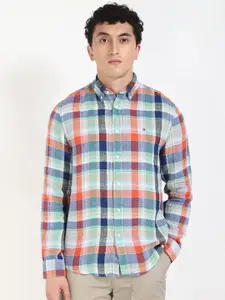 Tommy Hilfiger Men Button-Down Collar Tartan Checked Linen Casual Shirt