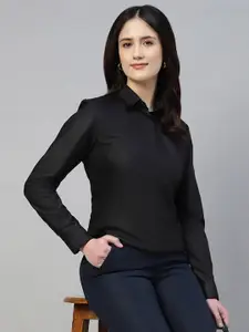 English Navy Women Smart Boxy Fit Spread Collar Solid Cotton Formal Shirt