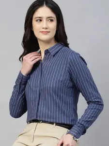 Hancock Women Classic Fit Spread Collar Vertical Striped Cotton Formal Shirt