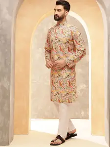 SOJANYA Ethnic Motifs Printed Band Collar Kalamkari Cotton Linen Straight Kurta