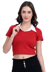 The Roadster Lifestyle Co. Women Ribbed Crop fitted Top With Collar