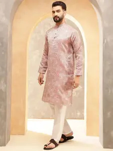 SOJANYA Ethnic Motifs Printed Band Collar Jacquard Silk Straight Kurta