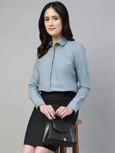 English Navy Women Smart Fit Spread Collar Solid Cotton Formal Shirt