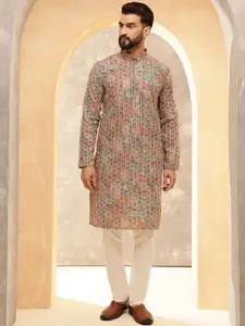 SOJANYA Floral Embroidered Mandarin Collar Sequinned Cotton Silk Kurta With Pyjamas