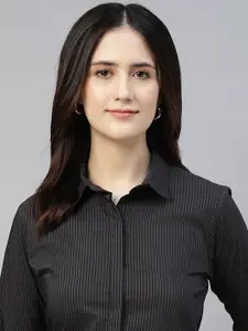 Hancock Women Classic Fit Spread Collar Vertical Striped Cotton Formal Shirt