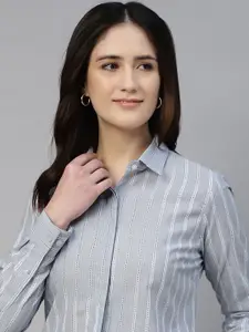 Hancock Women Classic Fit Spread Collar Vertical Striped Cotton Formal Shirt