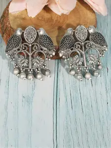 Anouk White Silver-Plated Artificial Beaded Peacock Shaped Drop Earrings